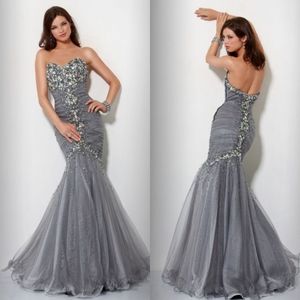 Jovani Gray Strapless Rhinestone Embellished Mermaid Maxi Gown